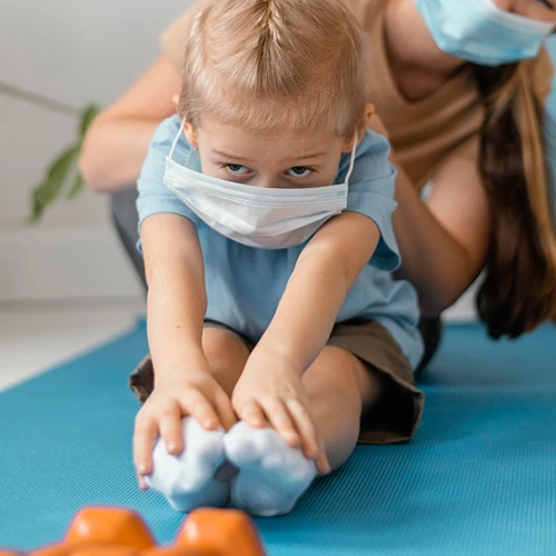 Illustration of a child undergoing physiotherapy and rehabilitation
